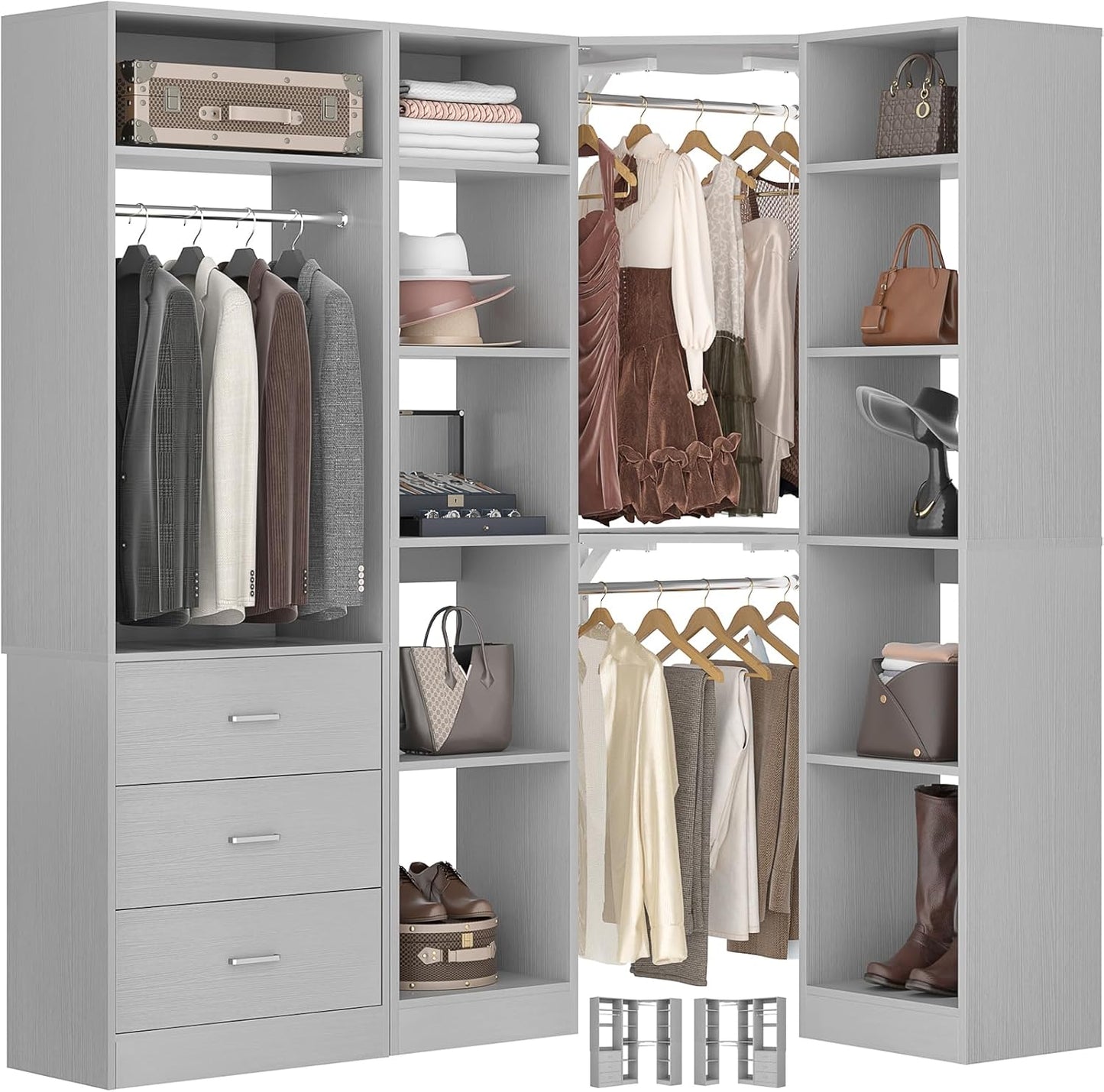 Corner Closet System with 3 Drawers, Corner Closet Organizer System with 13 Shelves & 3 Hanging Rods, 63.2"L * 39.2"W Reversible L Shaped Walk-in Closets, Load 2000+LBS, Grey