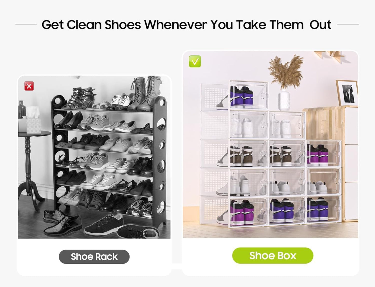 Kuject X-Large Shoe Storage Boxes Organizers Clear Plastic Stackable 12 Pack, Shoe Rack & Holder Substitute, Sneaker Containers, Toy Storage Organizer Bins for Entryway, Closet, Under Bed, Grey