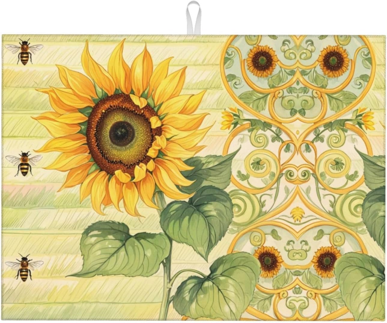 Sunflower Bee Dish Drying Mat Highly Absorbent Double-Sided Microfiber with Hanging Loop Reversible Drain Dish Rack Mat Drain Mat Suitable for Kitchen Countertop Coffee Bar 18 x 24 Inch