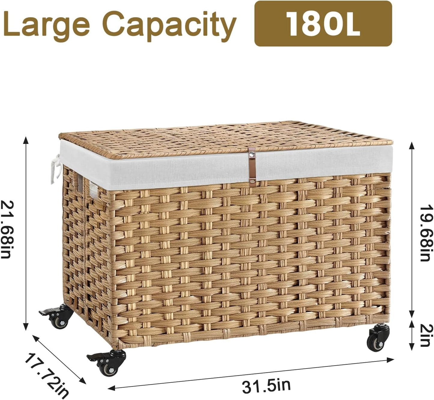 Rolling Storage Basket with Lid, 47.6 Gallon (180L) Storage Bin with Wheels, Woven Rattan Blanket Storage Basket with Handles, Foldable, Metal Frame, Removable Liner for Bedroom, Laundry Room, Natural