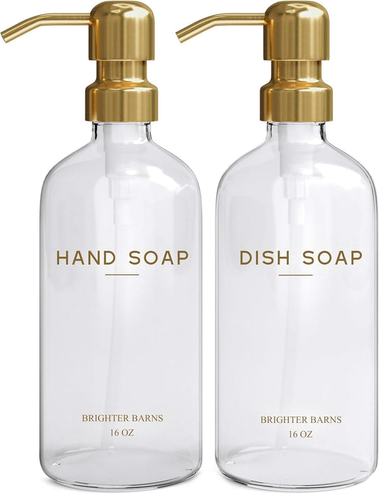 Luxury Glass Soap Dispenser Set by Brighter Barns - Hand and Dish Soap Dispenser for Kitchen Sink - Refillable Glass Bottles with Stainless Steel Pumps - Modern Gold Kitchen Decor & Accessories (Gold)