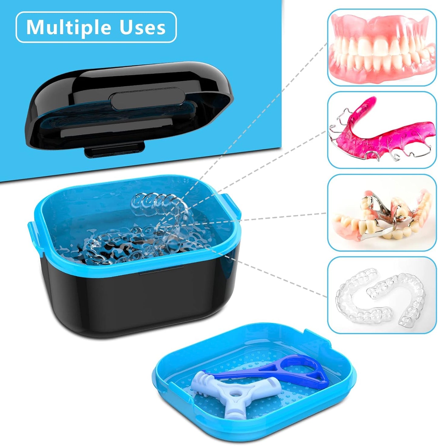 BVN Denture Bath Denture Case: Denture Cup for Soaking Dentures, Retainer Cleaner Case with Mirror, Mouth Guard Case, Aligner Case, Retainer Holder, Night Guard Case, False Teeth Container Black