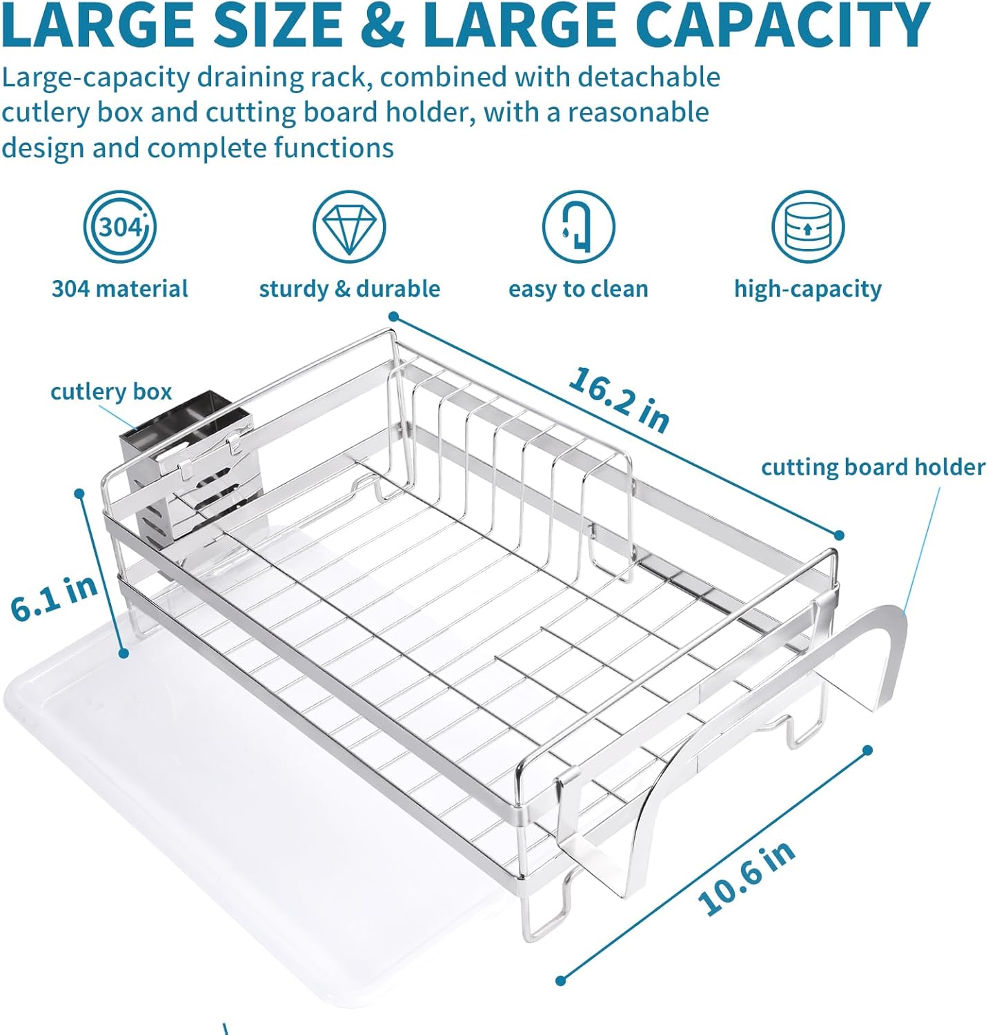 Stainless Steel Dish Racks for Kitchen Counter - Large Dish Drying Rack with Pull Drain Tray, Over The Sink Dish Drainer Drying Rack for Small Spaces, Durable for Countertop Sink
