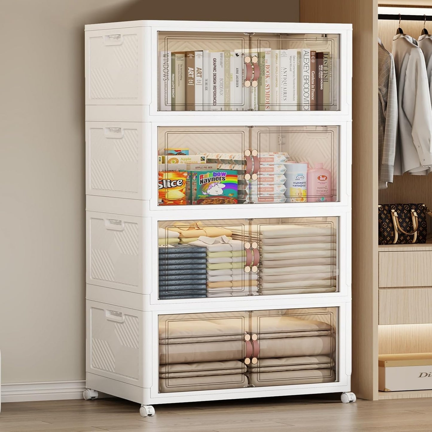 SAILUN 628QT Extra Large Collapsible Storage Bins with Wheels and Lid, Stackable Bins Open Closet Organizers and Storage Storage Containers Drawers,30" L × 19.7" W × 66" H（4 Pack）