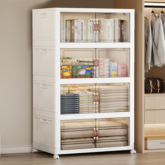 SAILUN 628QT Extra Large Collapsible Storage Bins with Wheels and Lid, Stackable Bins Open Closet Organizers and Storage Storage Containers Drawers,30" L × 19.7" W × 66" H（4 Pack）