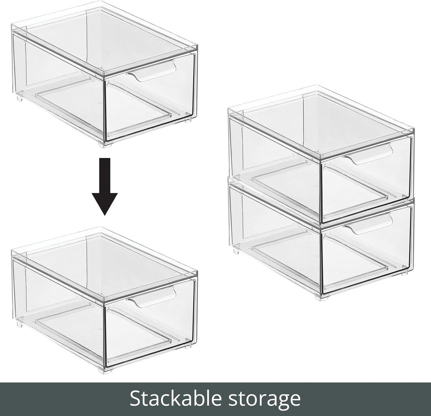 mDesign Stackable Storage Containers Box with Pull-Out Drawer - Stacking Plastic Drawers Bins for Kitchen Pantry and Cupboard, Cabinet, Counter, Island and Tables - Lumiere Collection - 2 Pack - Clear