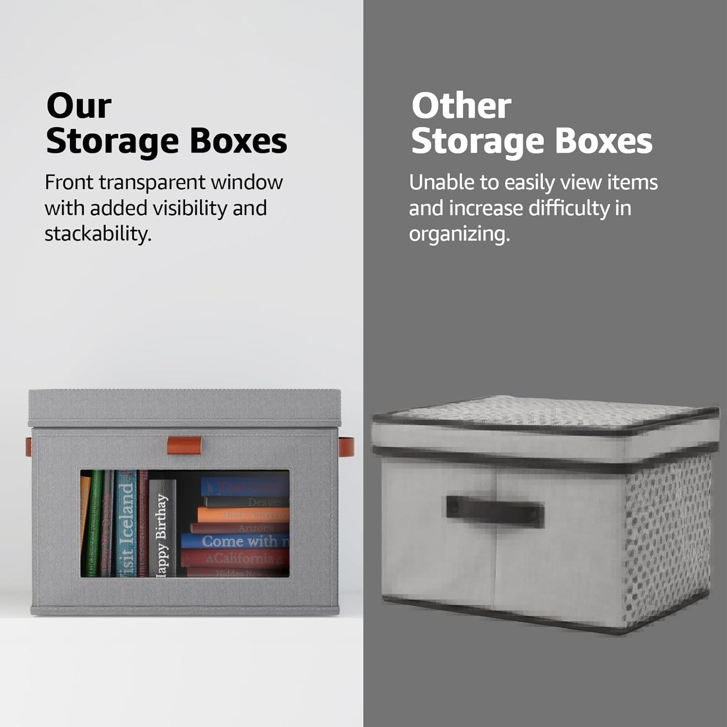 Large Storage Bins with Lids,Stackable&Collapsible Closet Storage Bins,Oxford Fabric Organizer Box with Clear Window,Large Decorative Storage Boxes for Shelves,Wardrobe,Living Room,Dorm(Grey)