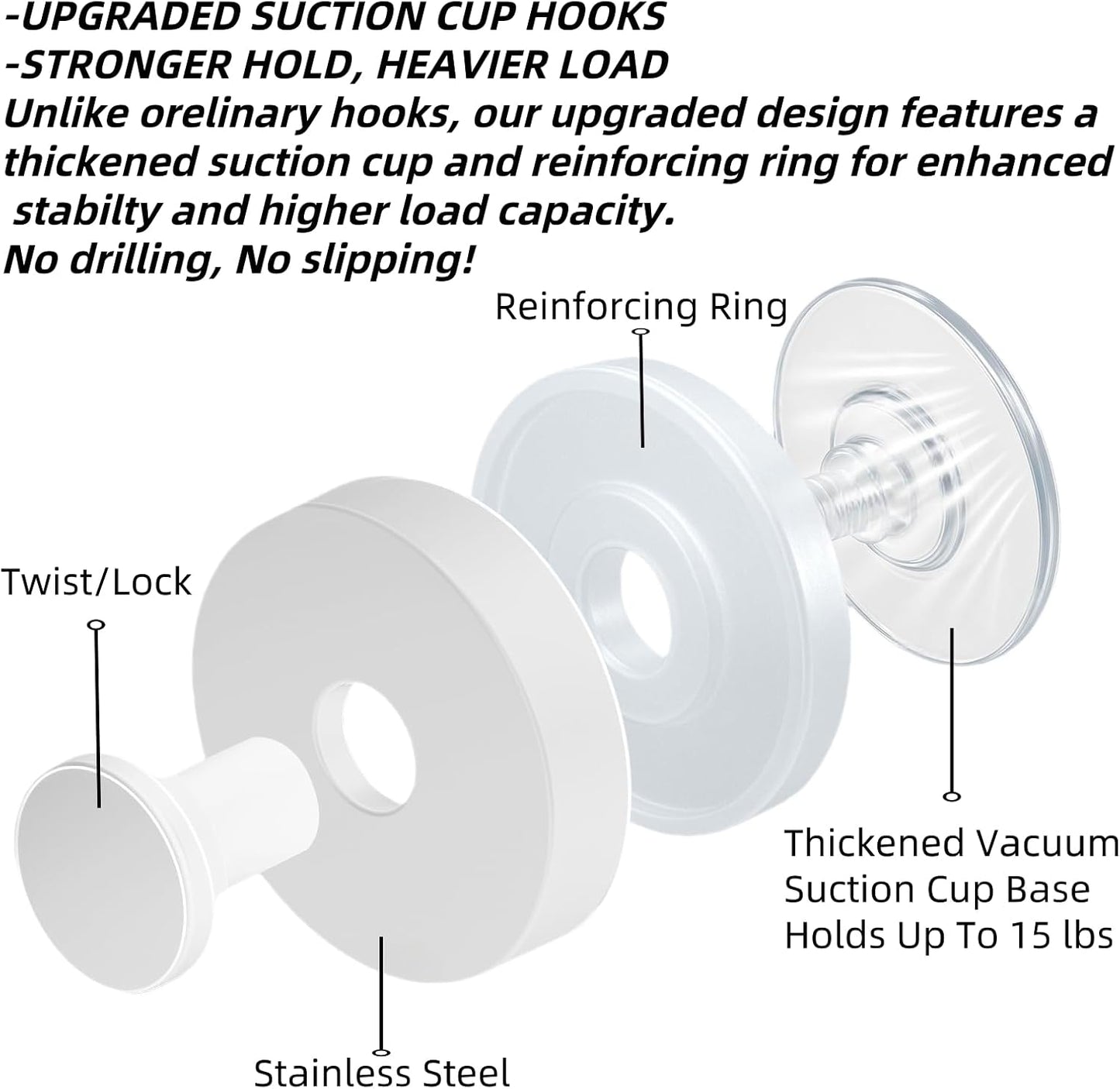 2025 Upgraded Stainless Steel Heavy Duty Suction Cup Hooks For Shower Bathroom Accessories Removable Hook For Glass Window Door Wall Hooks For Hanging Towels Robes Wreaths (Pack Of 2, White)