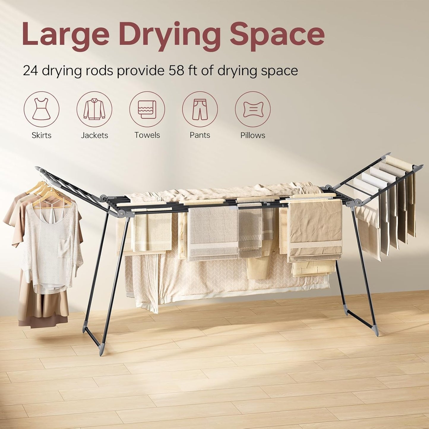 APEXCHASER Clothes Drying Rack Foldable, Large Drying Rack for Clothing Retractable, Winged Laundry Rack Folding Indoor Outdoor, Metal Clothes Airer for Bedding Towel Sweater Heavy Duty, Black