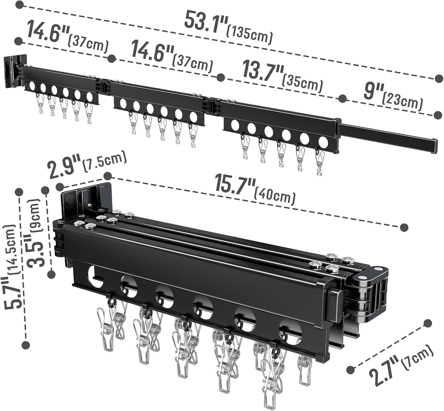 Clothes Drying Rack Foldable Wall Mounted Drying Rack 3 Fold Black-Laundry Drying Rack Durable Clothing Racks for Hanging Clothes