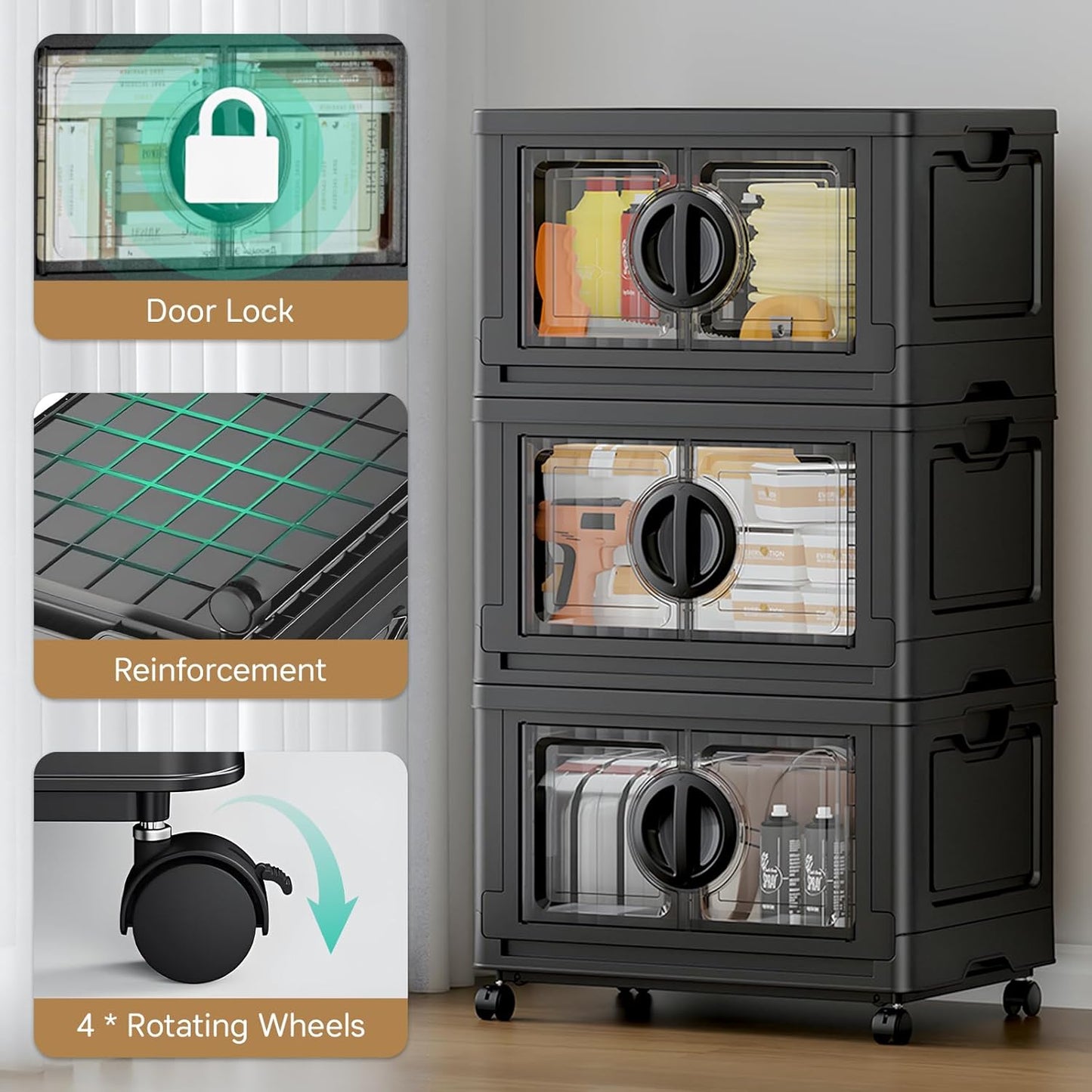 JEKO&JEKO 249Qt Lockable Stackable Storage Bins with Lids, Collapsible Closet Organizer with Wheels, Plastic Cabinet Drawer for Clothes, Dorm Room 3 Pack (Black)