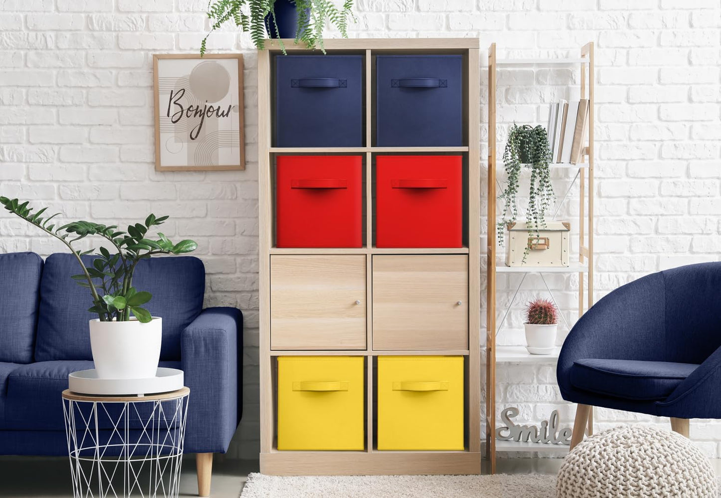 Sorbus Storage Cubes - 11" Foldable Storage Bins with Handle for Nursery, Playroom, Closet Organizers and Storage - 6 Fabric Shelf Basket for Toys, Books, Clothes - Yellow Navy & Red Storage Bins