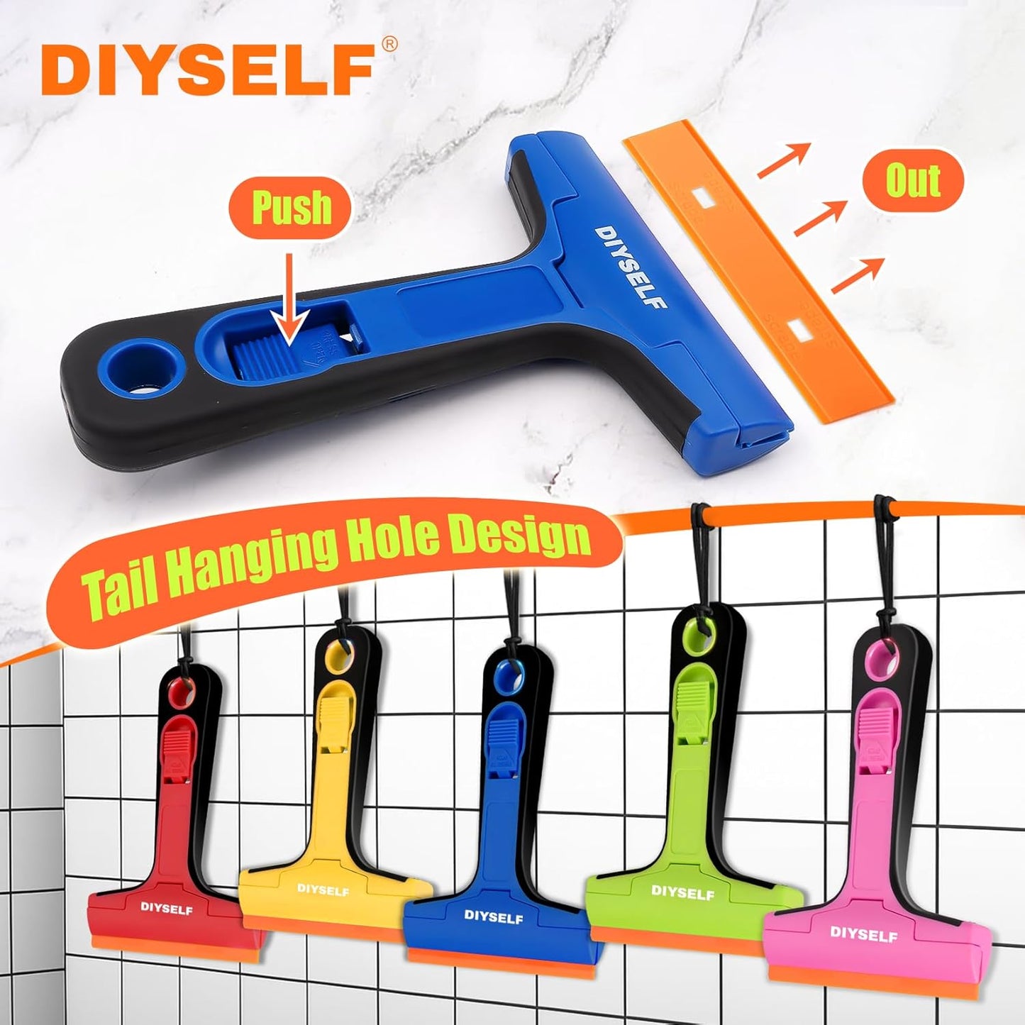 DIYSELF-Razor-Blade-Scraper, 1 Pack Razor Blade Scraper, Extra 5 PCS Orange Plastic Blades, Razor Blade Scraper Tool for Cleaning, Glass Scraper for Windows, Razor Scraper Tool for Car, Cooktop