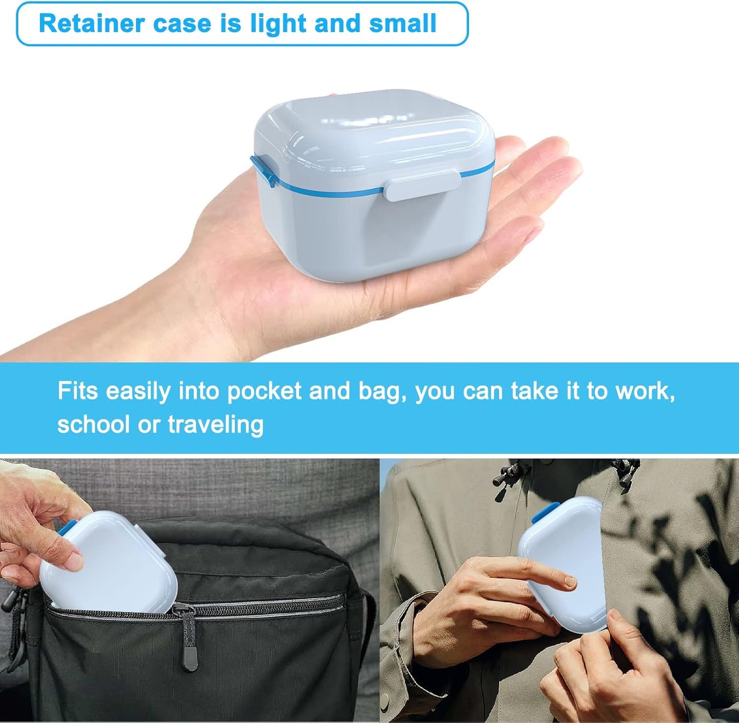 BVN Denture Case Denture Cup for Soaking Dentures Retainer Cleaner Case with Mirror Mouth Guard Case False Teeth Container White Blue