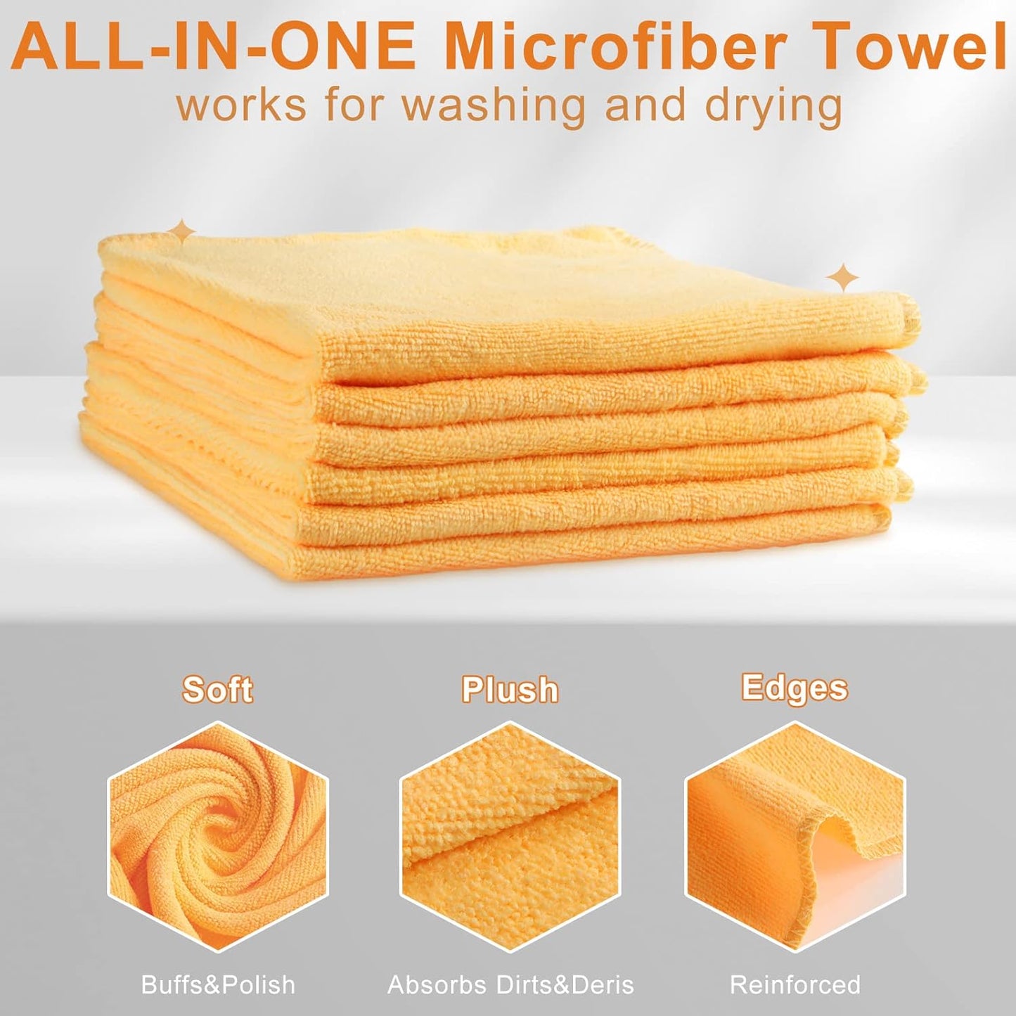 Nuenen Microfiber Cleaning Cloths for Cars 16 x 16 Inch Ultra Absorbent Car Towels Drying Reusable Cleaning Supplies House Kitchen Window Microfiber Towel(Yellow,60 Pcs)