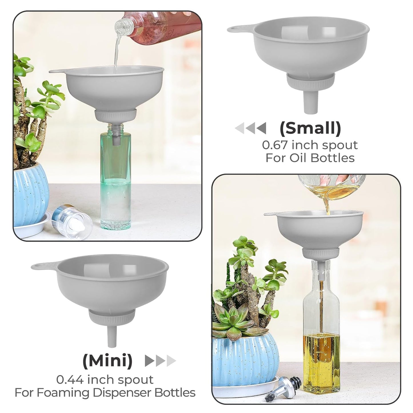 Wide Mouth Kitchen Funnel, Food Grade Plastic Cooking Canning Funnel with 4 Sizes Spouts for Filling Wide and Regular Mason Jars, Spray Dropper Oil Bottle Jug Spices Shampoo Sauce