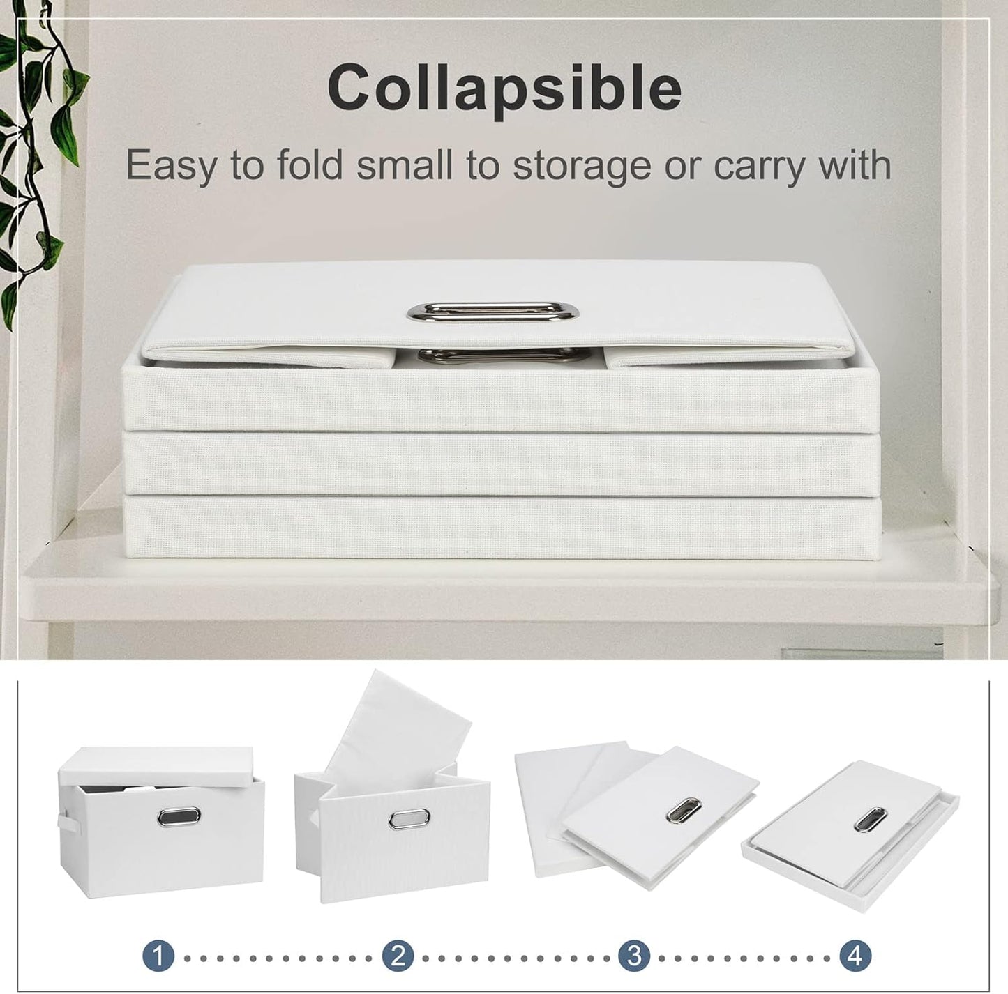 Medium 15" 21 Quart Collapsible Stackable Storage Bins with Lids, 1 Pack White Foldable Fabric Closet Storage Boxes with Lids, 4 Handles Heavy-duty Linen Cube Baskets for Bedroom