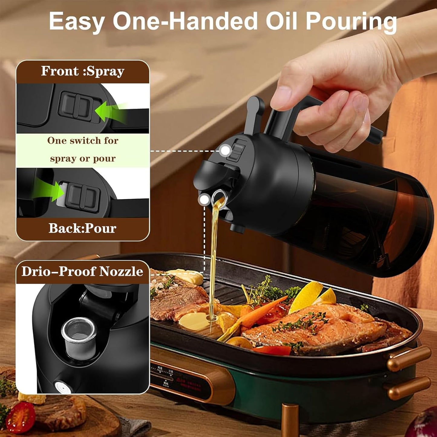 2-in-1 Glass Oil Dispenser & Sprayer - 16oz/470ml Leakproof Olive Oil Sprayer Bottle for Cooking, Air Fryer, BBQ, Baking, Salad(Light-Blockage Cream 1PC)