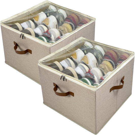 Shoe Organizer for Closet, 2 Pack Shoe Storage Bins with Clear Cover, Adjustable Dividers Fits 16-32 Pairs ShoeBoxes, Organizador de Zapatos, Khaki