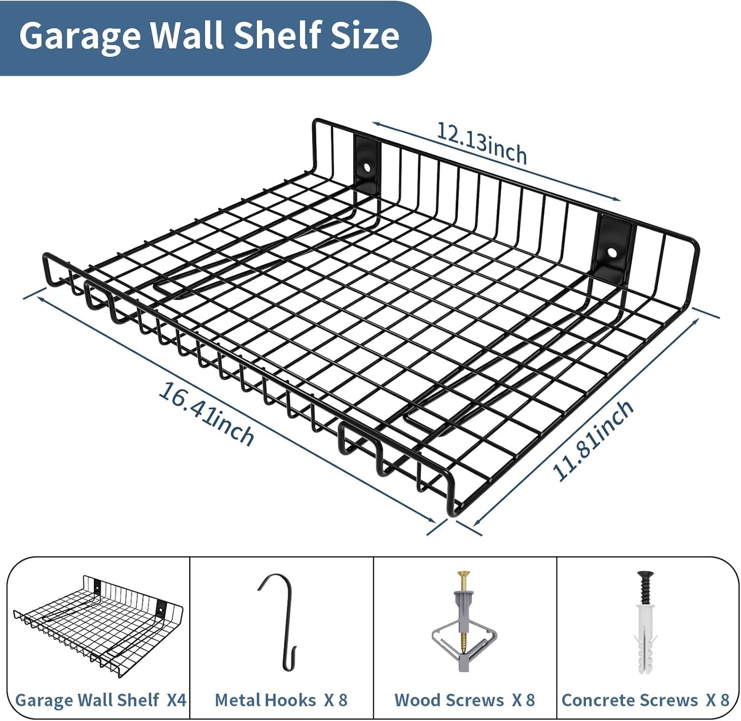 4 Pack Garage Wall Shelf, Wall Mounted Storage Shelves, Heavy Duty Metal Shelves for Room Wall, Loads 260 LBS Floating Shelves Mesh Storage Rack for Garage, Office, Basement,Wall Cabinet and Kitchen