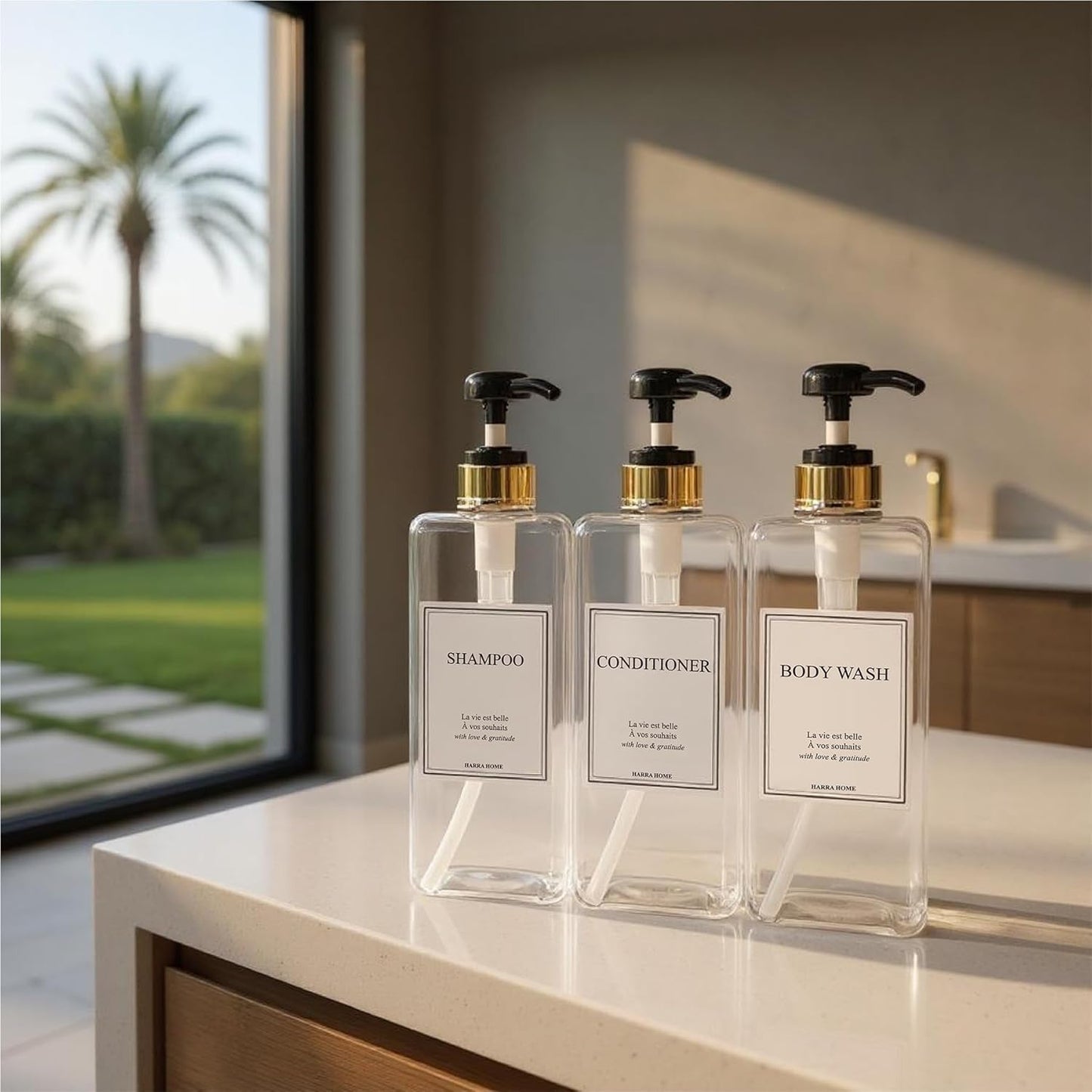 Modern Gold Design Large 27 oz Shampoo and Conditioner Dispensers - Empty Plastic Refillable Pump Bottle Set for Bathroom Shower Soap Dispenser, Set of 3 (Clear & Black)