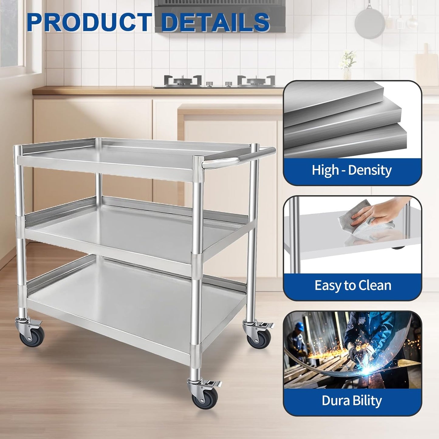3-Shelf Stainless Steel Rolling Utility Cart - Heavy-Duty Metal Mobile Storage with Handle & Locking Wheels - Ideal for Kitchen, Medical, Lab, Restaurant & Home Use (16''x24''x34'')