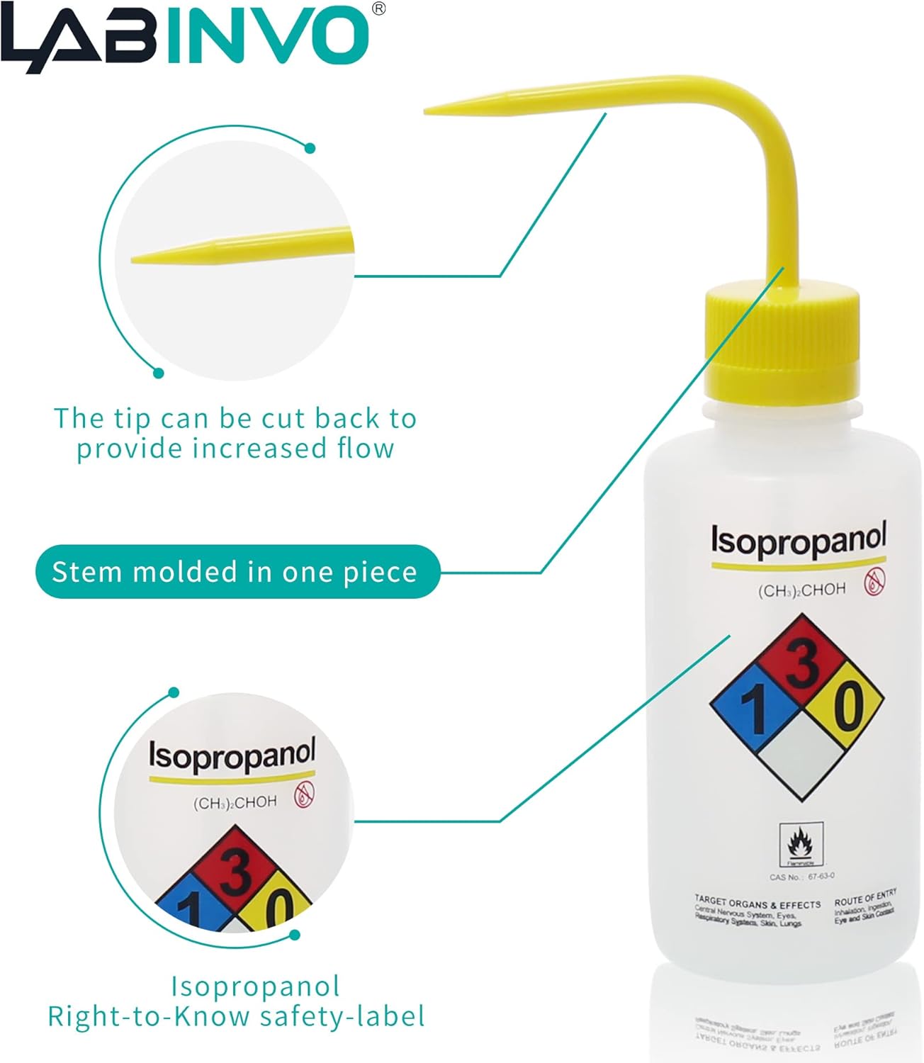 4pcs of Isopropanol Wash Bottles, Vol.500ml (17oz), Narrow Mouth, Self-Venting Safety Wash Bottles, LDPE Material, IN-WBI500