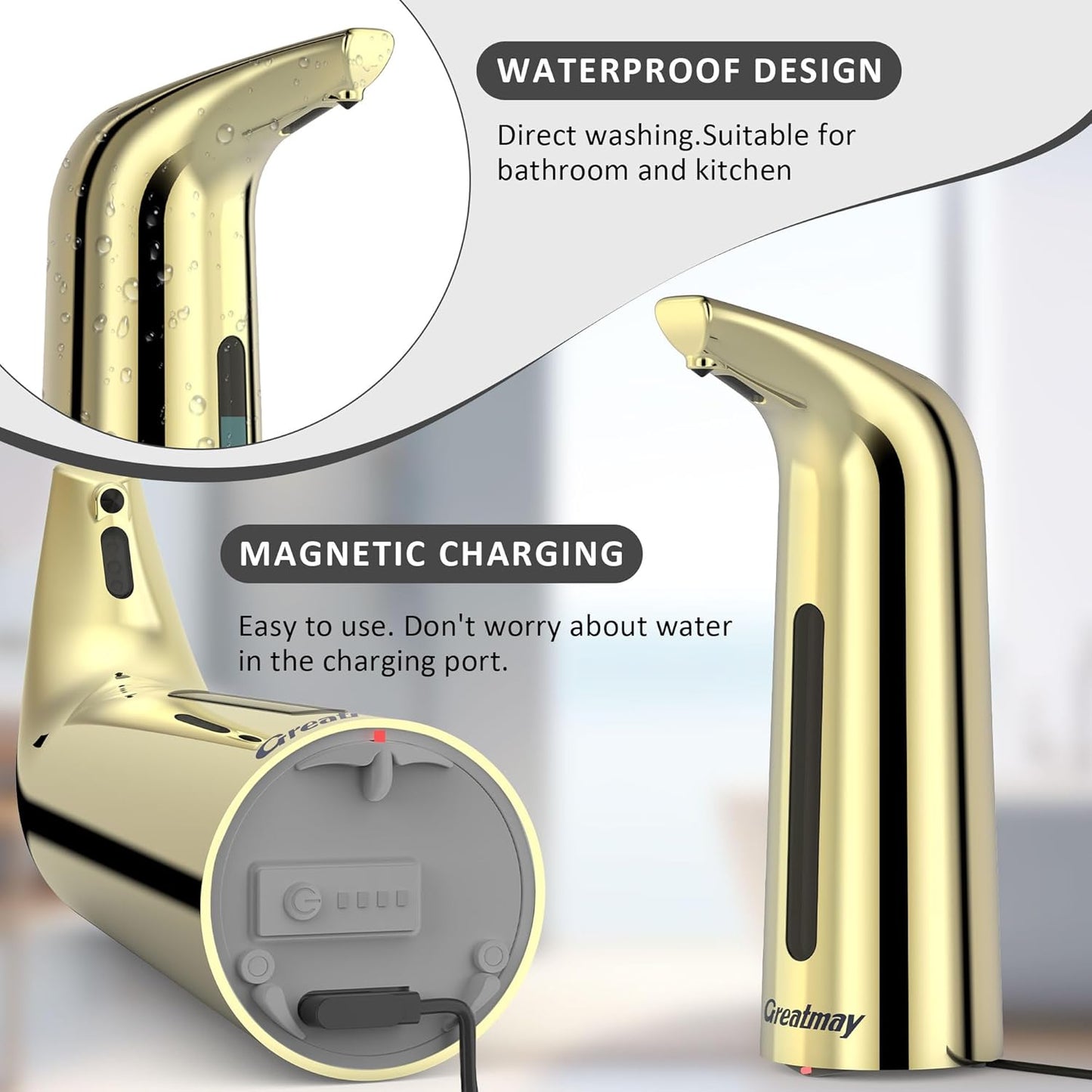 Convenient Automatic Soap Dispenser,4 Adjustable Levels Touchless Hand Sanitizer Pump with Infrared Sensor, 400 ml Countertop Electric Soap Dispenser for Bathroom,Kitchen (Gold)