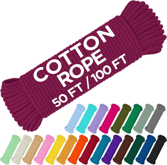 TECEUM Cotton Rope 3/16” (5 mm) – 50 FT – Strong All-Purpose Braided Rope – Natural Cotton – for Crafting, Сamping, Clothes Line, DIY, Indoor & Outdoor Use – Deep Pink