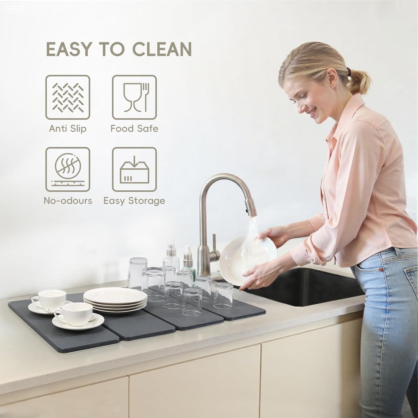 Large Stone Dish Drying Mat for Kitchen Counter, HQAUT 24×16" Collapsible Quick Drying Dish Mats, Ultra Absorbent Diatomaceous Earth, Non-Slip Dishes Drainer Drying Mat, Easy to Clean