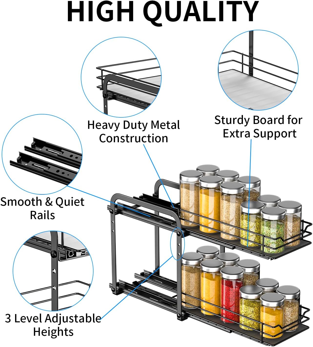 RCHYFEED Spice Organization for Cabinet, 2 Tier Pull Out Spice Rack for Seasoning Organizer, Height Adjustable Heavy Duty Metal Basket for Inside Cabinets & Pantry Closet(5.5" Wx10.5 Dx9.5 H)