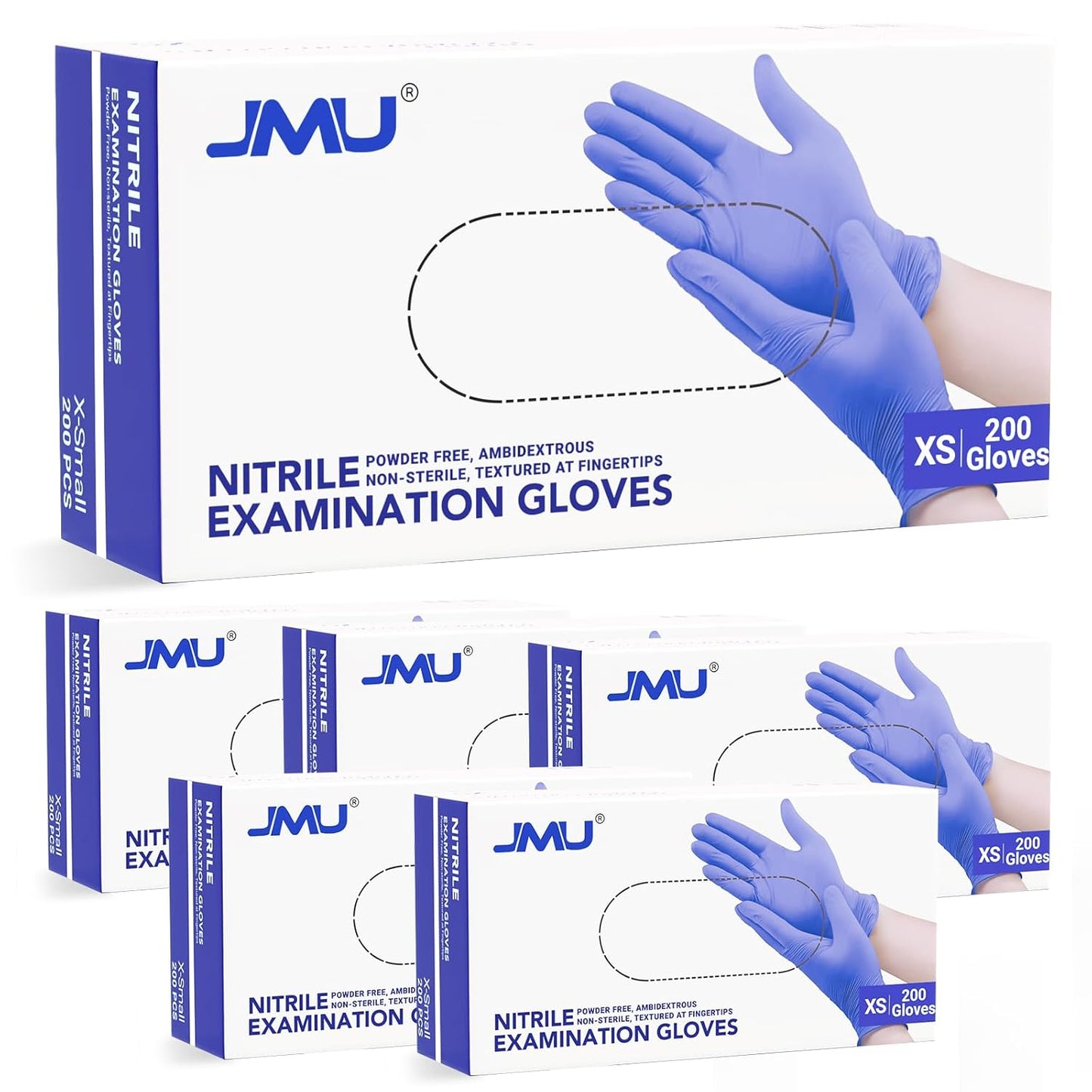 JMU XS Nitrile Gloves, Case of 1200, Powder-Free and Latex-Free Disposable Medical Exam Gloves