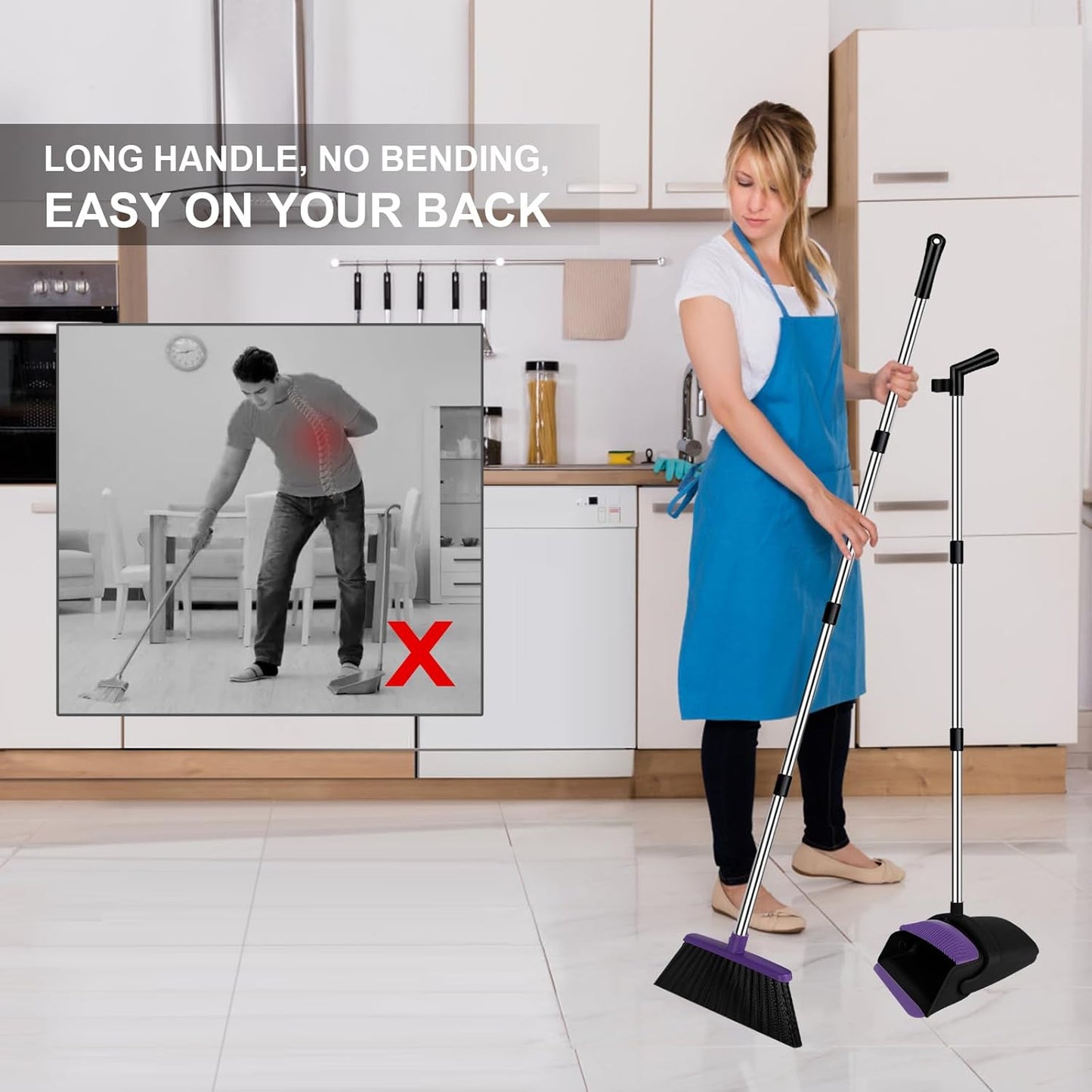 Broom with Dustpan Combo Set, 51" Household Dustpans and Broom, Standing Dust Pan Set for Home, Purple Cleaning Set for Kitchen Lobby Indoor Outdoor