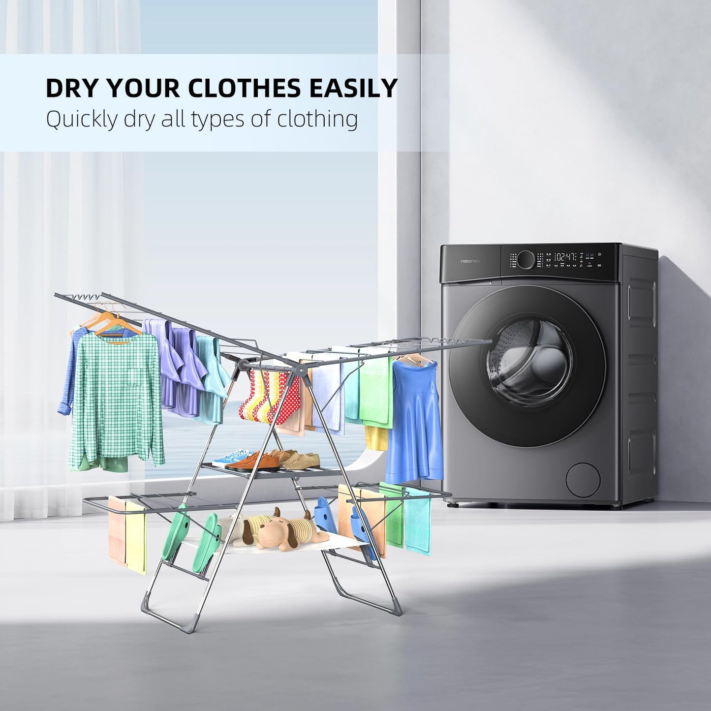 Clothes Drying Rack, Foldable 2-Level Laundry Racks for Drying Clothes Rack,Stainless Steel Drying Rack Clothing Collapsible for Indoor Outdoor,with Height-Adjustable Wings,33 Drying Rails,Gray