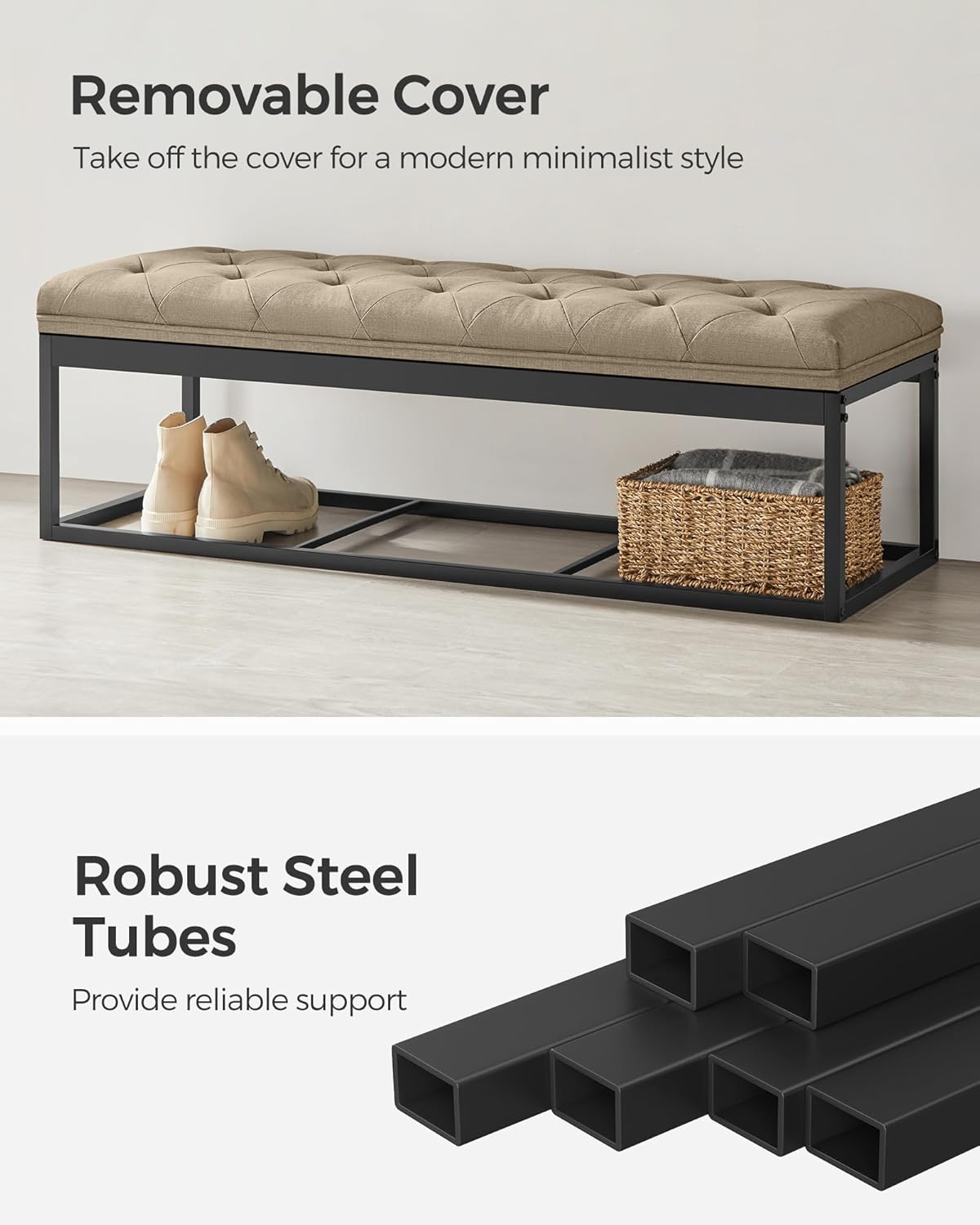 SONGMICS Storage Ottoman Bench, Foot Rest with Legs, 15.7 x 43.3 x 15.7 Inches, End of Bed Bench, Storage Chest, Load up to 660 lb, for Living Room, Bedroom, Entryway, Camel Brown ULSF088R01