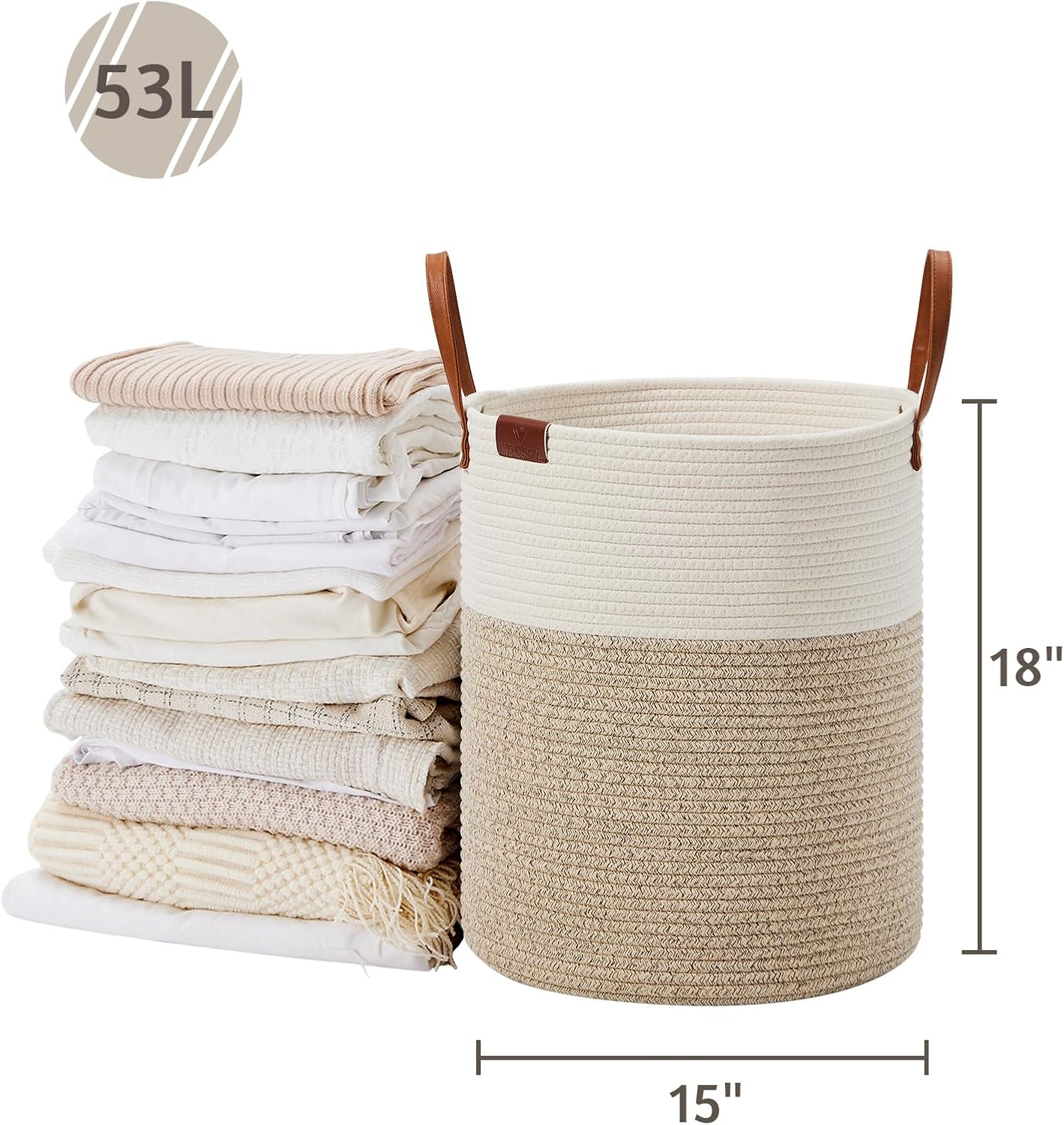 VIPOSCO Tall Laundry Basket, Large Dirty Clothes Hamper with Leather Handle, Woven Rope Storage Basket for Blanket, Toy In Living Room, Bathroom, Bedroom - 53L White & Brown