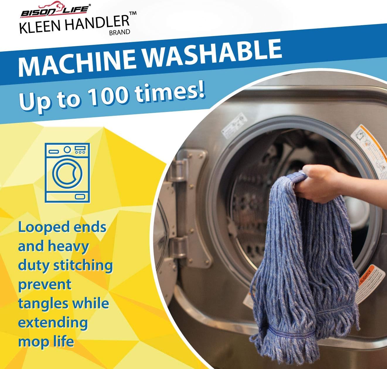 KLEEN HANDLER HEAVY DUTY Commercial Mop Head Replacement, Wet Industrial Cotton Looped End String Cleaning Mop Head Refill, Blue Mop, Universal Headband