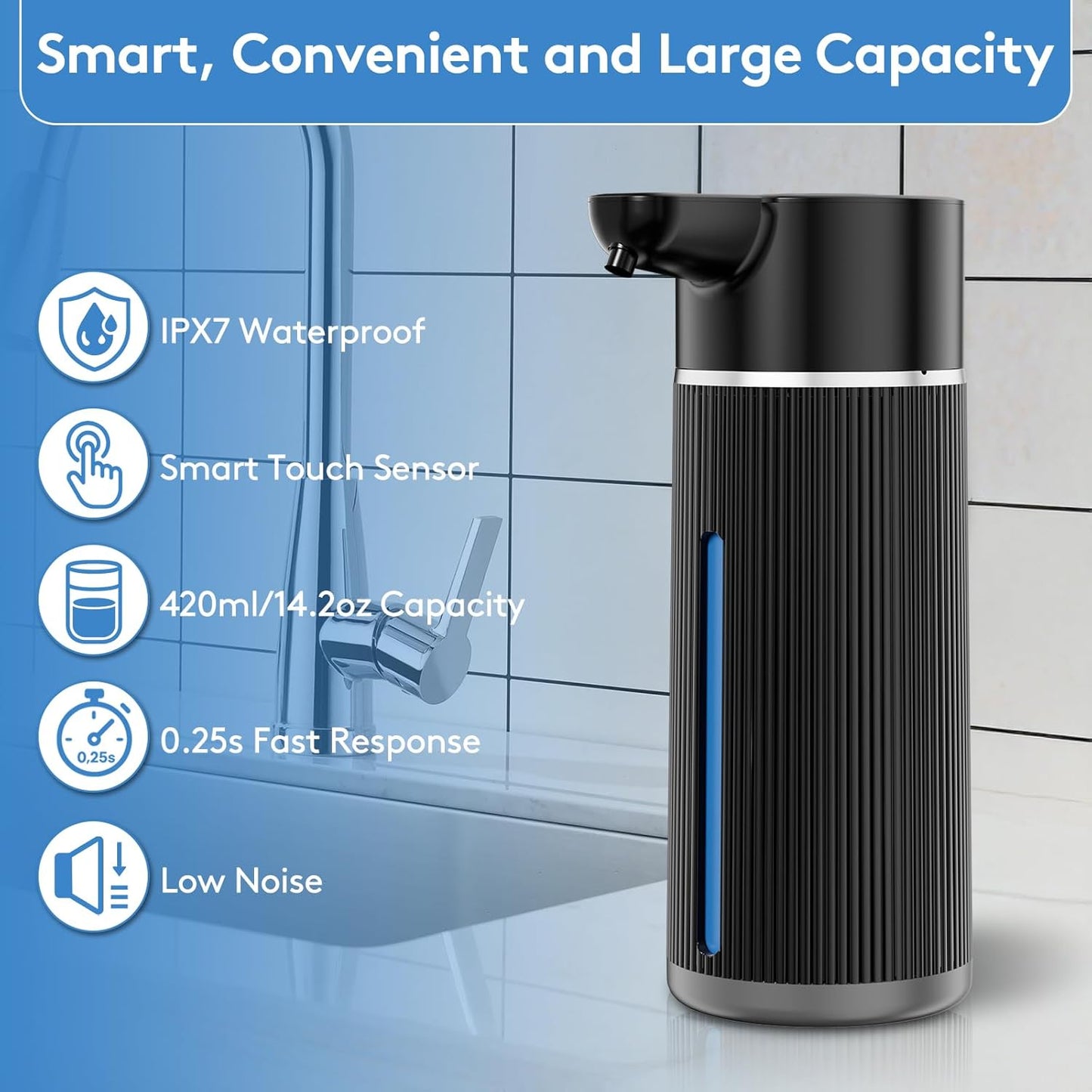 Automatic Soap Dispenser Touchless, 14.2oz/420ml Dish Hand Soap Dispenser for Kitchen Bathroom, Adjustable Volume for Thick & Thin Liquid, USB C Rechargeable, Clog-Free, Black