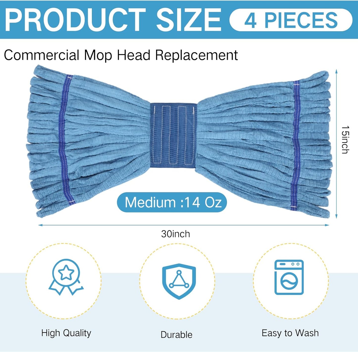 Lallisa 4 Pcs Commercial Mop Head Replacement Tube Microfiber Industrial Looped End Mop Heads Refill for Floor Cleaning for Home Commercial Industrial Use(Medium,Blue)