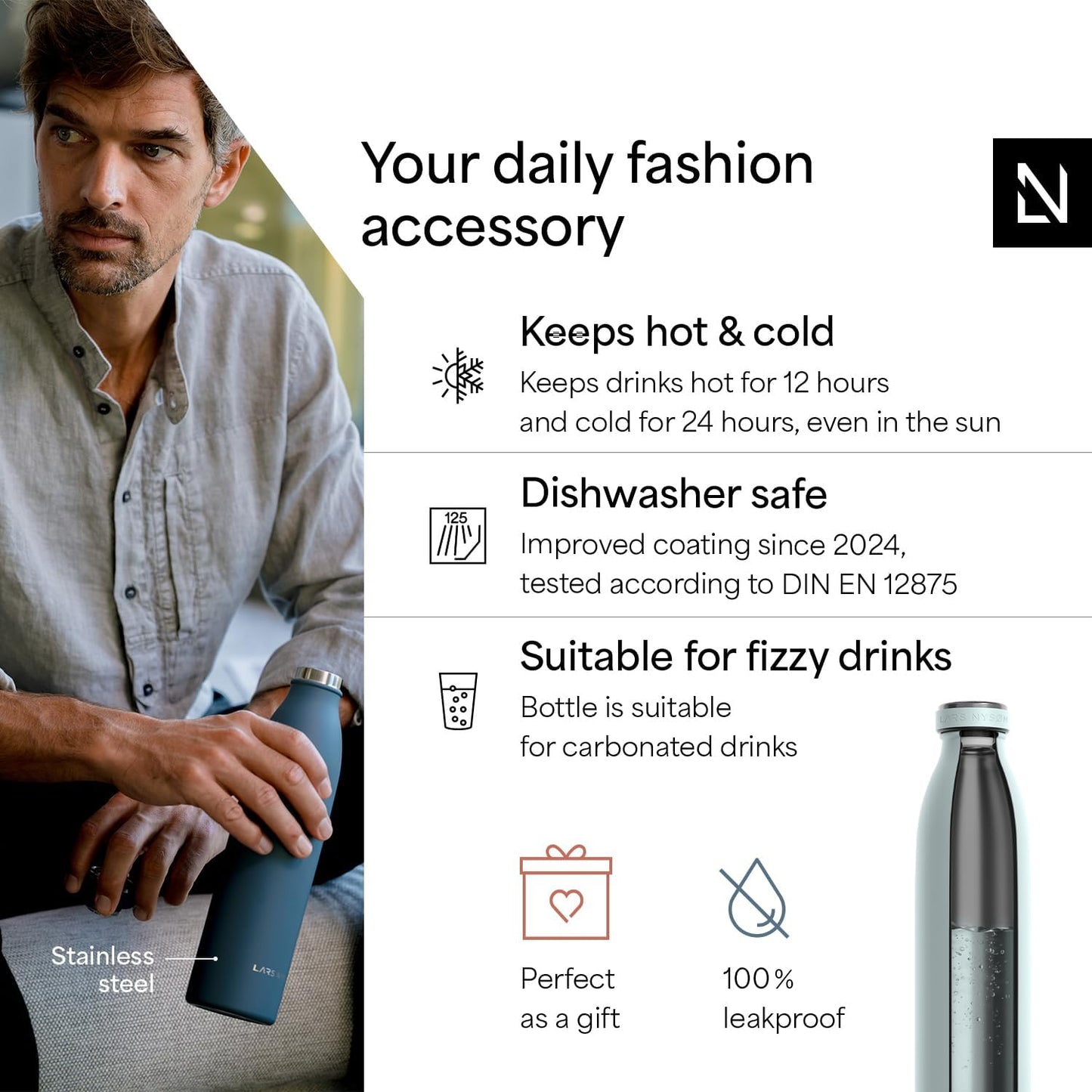 LARS NYSØM Stainless Steel Insulated Water Bottle 12oz 17oz 25oz 34oz 51oz | Insulated Thermo Flask for Hot and Cold Beverages | Leakproof Drinking Bottle (Misty Blue, 25.4oz)