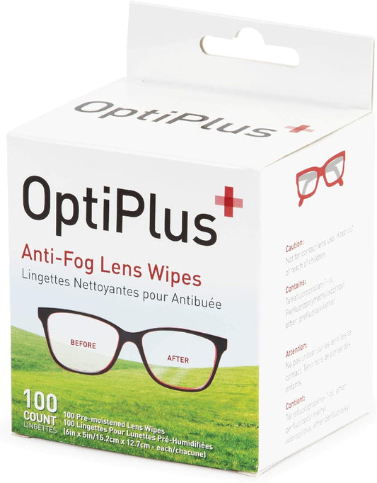 OptiPlus Anti Fog Pre-Moistened Cleaning Wipes for Glasses, Screens, Lenses - Quick-Dry, Scratch-Free, 100 Count