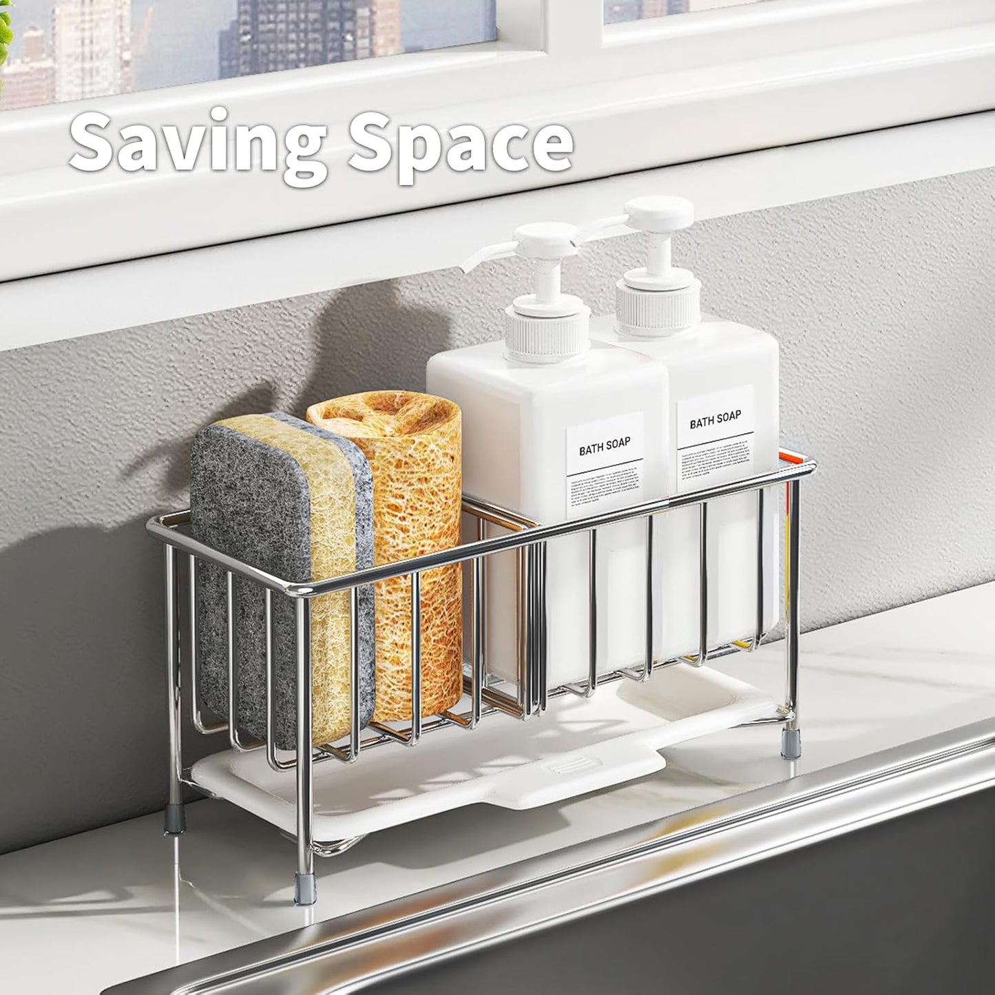 Kitchen Sink Sponge Holder, 304 Stainless Steel Soap Dispenser Caddy Organize, Kitchen Sink Brush Caddy Holder with Removable Drain Tray