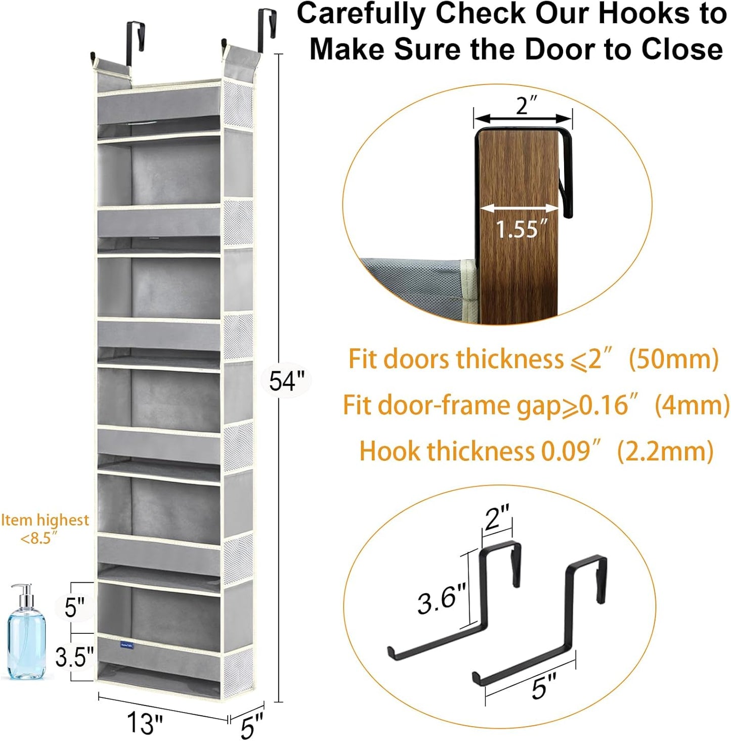 Over The Door Organizer 6-Shelves and 12 Side Pockets, Over The Door Storage for Bathroom Bedroom Nursery, Hanging Door Organizers for Baby Diapers and Kids Toys (13"x5"x54", Grey)