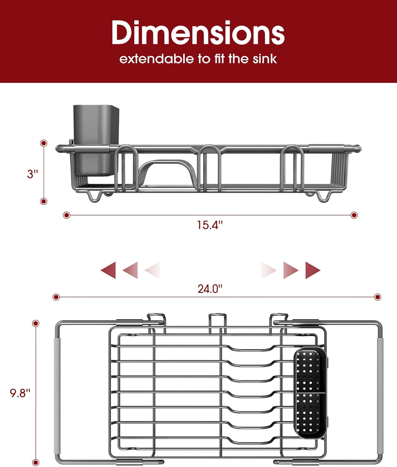 Dish Drying Rack in Sink - Expandable Stainless Steel Dish Rack Over The Sink, Kitchen Sink Drain Strainer with Cutlery Holder & Cup Holders, 15.4 x 9.8 x 3.0 Inch, Grey