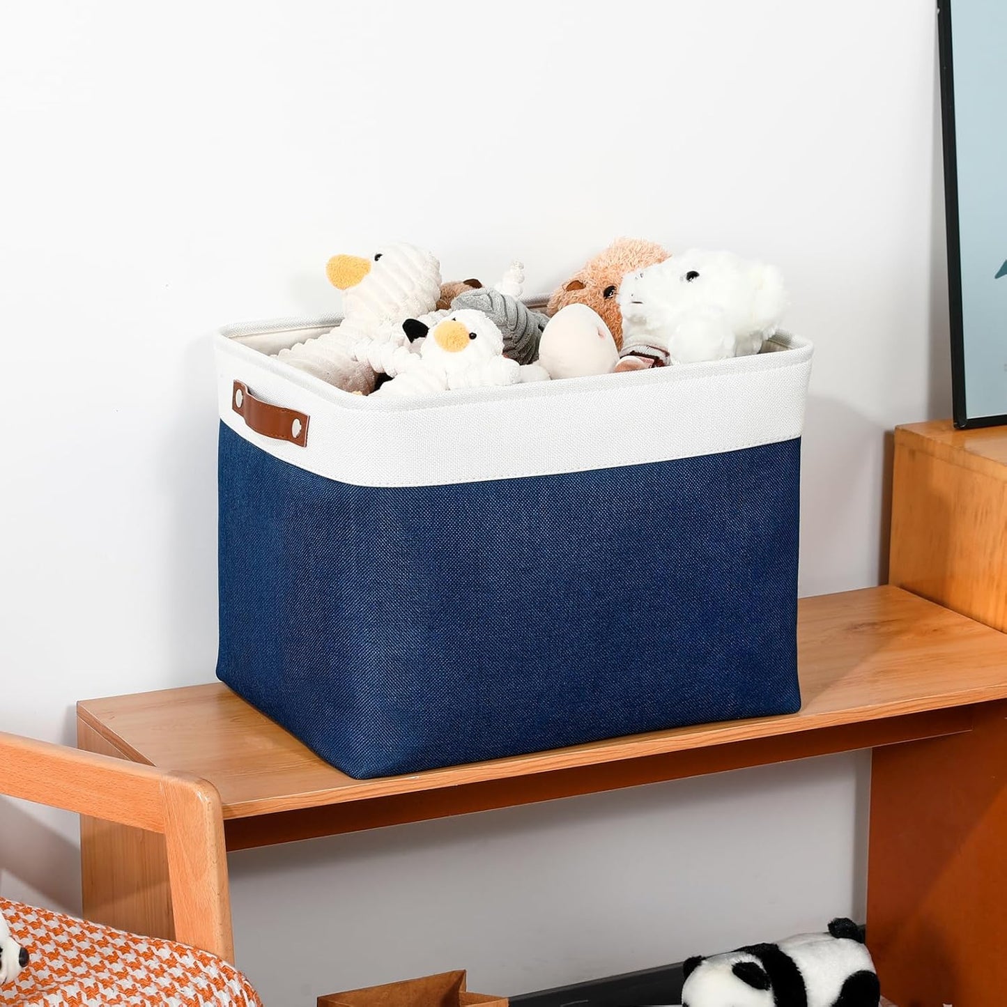 DULLEMELO Large Storage Baskets, Fabric Storage Bins for Organizing Foldable Linen Shelf Baskets for Clothes, Toys, Closet, Laundry (White&Blue,16"x12"x12"-1 Pack)