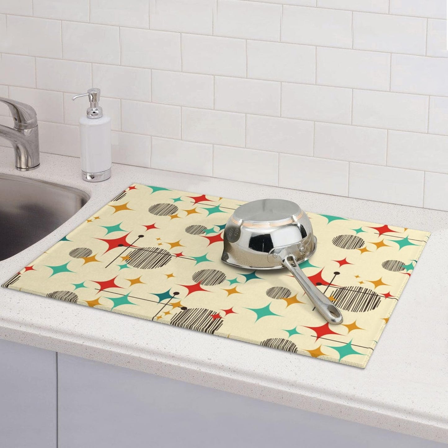 Mid Century Modern Atomic Retro Microfiber Dish Drying Mat for Kitchen Counter 18"x24" Yellow Dishes Pad Dish Drainer Rack Mats Absorbent Washable Reusable Kitchen Home Holiday Decor