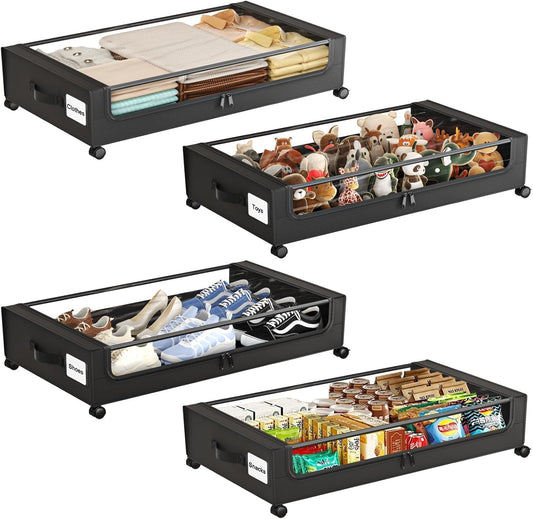 Under Bed Storage with Wheels,Under Bed Storage Containers with Clear Lids, Under-Bed Organizers for Clothes, Shoes – Durable Storage Bins with Smooth Rolling Wheels (Black, 4 Pack)