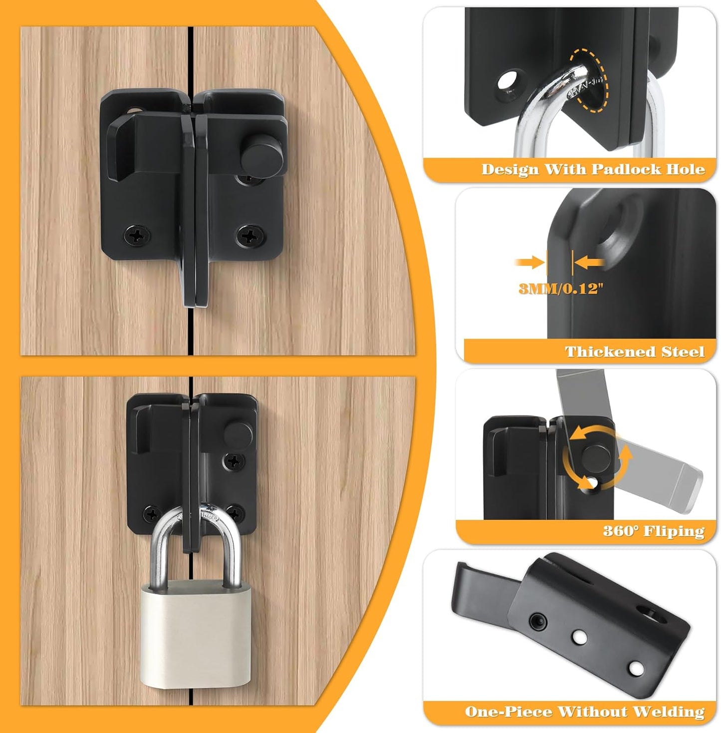 Alise Flip Latch Gate Latches Slide Bolt Latch Safety Door Lock Catch for Barn Cabinet Pet Cage Garden Bathroom Garage Window Sliding Door,Heavy Duty Stainless Steel Matte Black,MS3006R-B