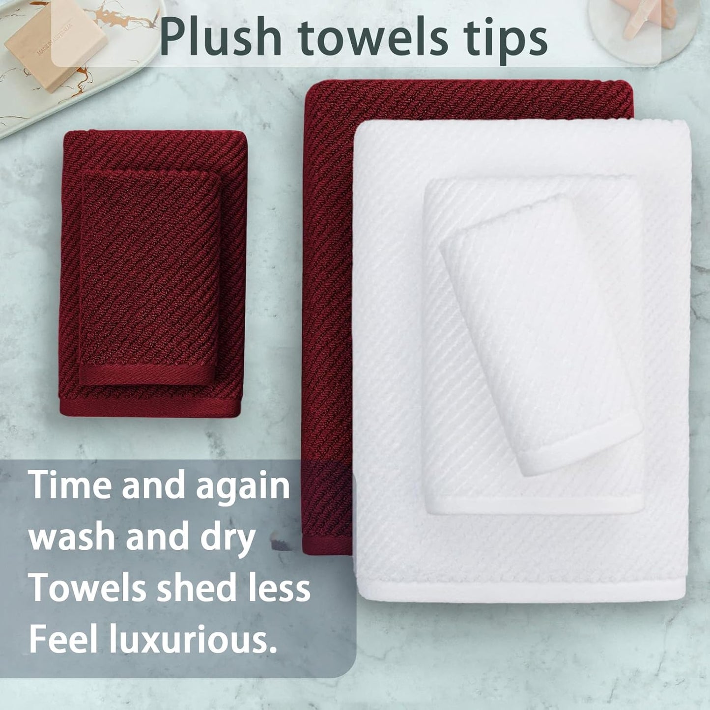 VOOVA & MOVAS Towels Bathroom Set - 100% Cotton | Quick Dry | Soft | Thick, Towel Set of 6, 2 Large Bath 30"x56", 2 Hand 18"x28", 2 Wash Cloths 13"x13", Bathroom Essentials, Burgundy Red and White