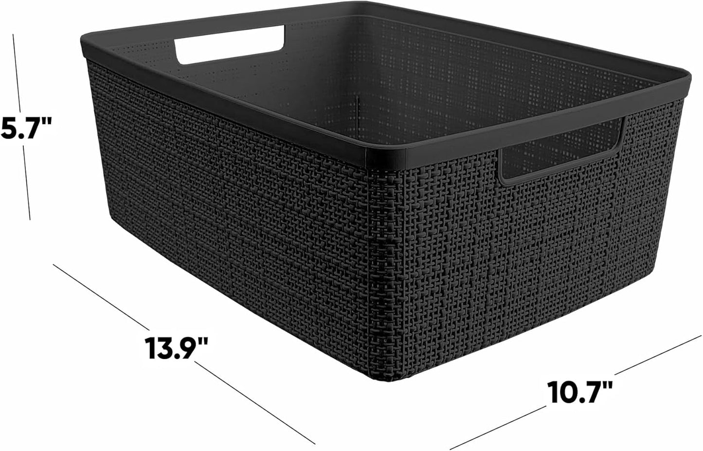 Curver Set of 6 Jute Medium Decorative Plastic Organization and Storage Baskets, Perfect Bins for Home Office, Closet Shelves, Kitchen Pantry and All Bedroom Essentials, Black